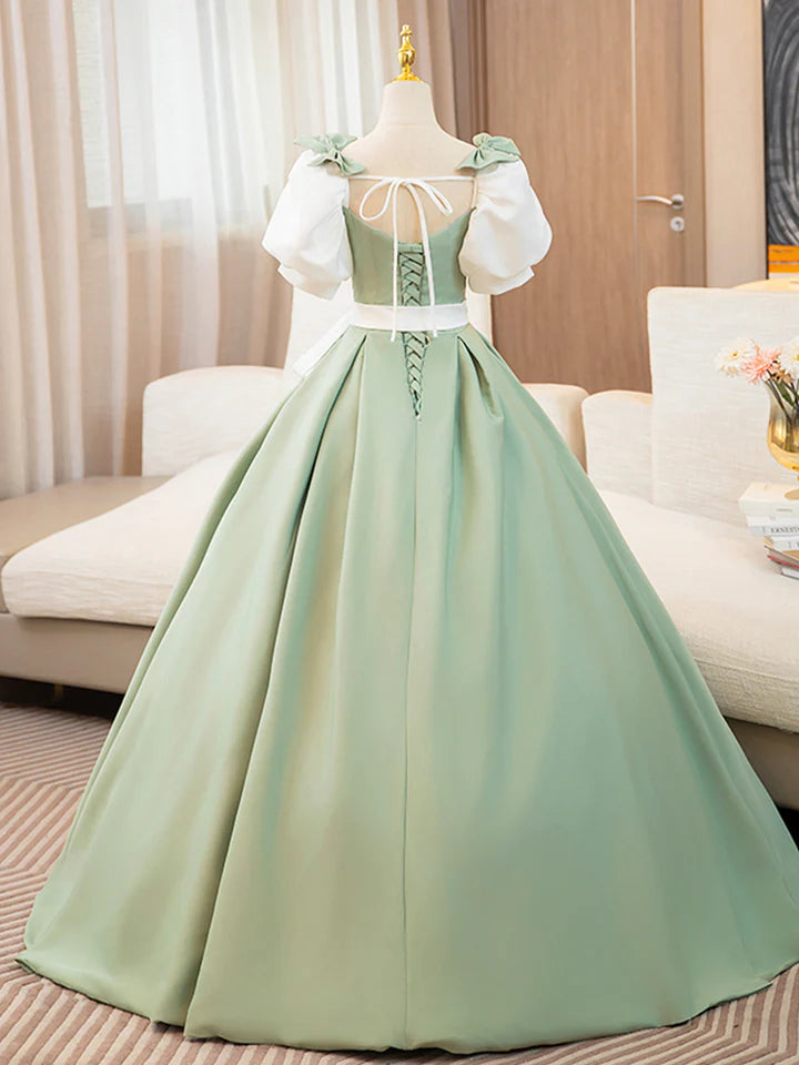Luolandi and Green Satin Long Prom Dress A-Line Short Sleeve Evening Party Dress Beautiful