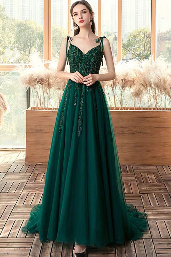 Luolandi Green V-Neck Lace Long Prom Dresses A-Line Evening Dresses Floor Length