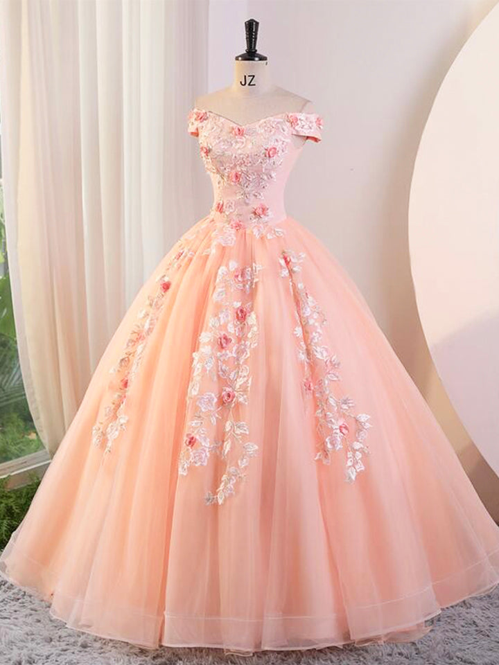 Luolandi Pink V-Neck Tulle Lace Floor Length Prom Dress Beautiful Off the Shoulder A-Line Party Evening Dress With Flowers