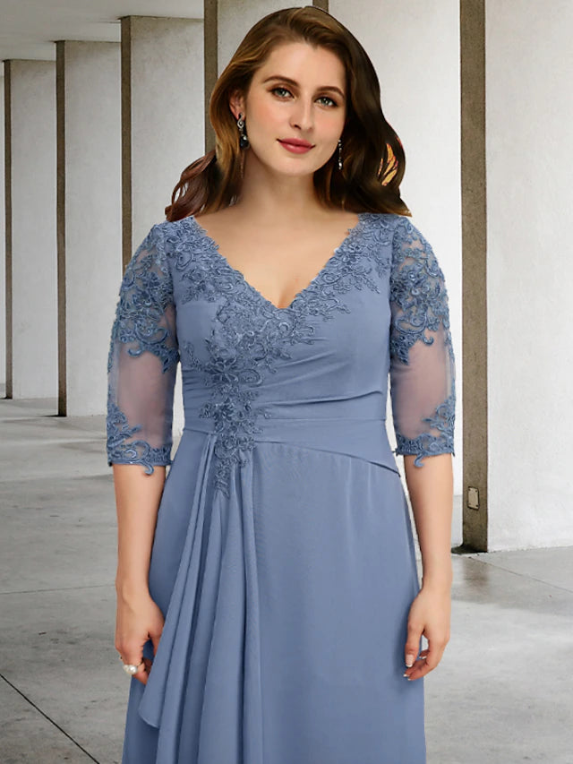 Luolandi A-Line Plus Size Curve Mother of the Bride Dresses Elegant Dress Formal Floor Length Half Sleeve V Neck Chiffon with Pleats