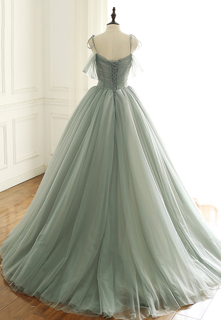Luolandi Green Tulle Long Prom Dresses A-Line Spaghetti Straps Evening Dresses Sexy