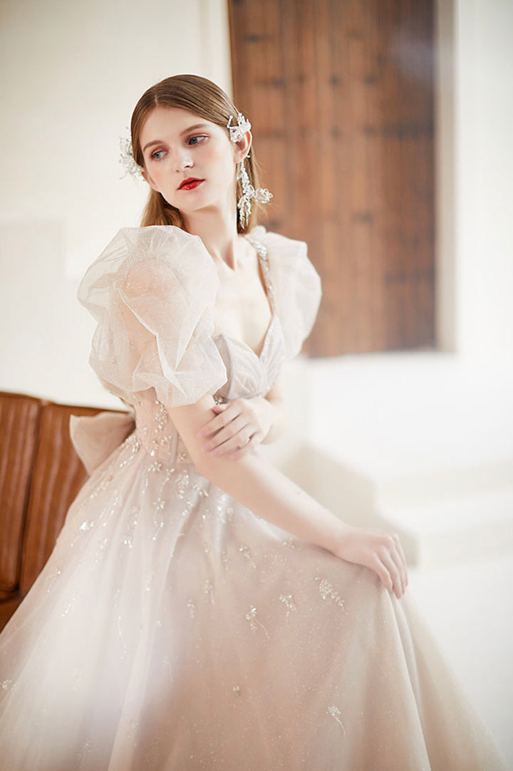 Luolandi Champagne Puff Sleeve Tulle Long Prom Dress A-Line Evening Dress Floor Length