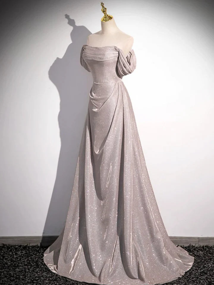 Luolandi Simple Sequins Ruffle Long Evening Dresses Off the Shoulder Formal Party Dresses Sparkly