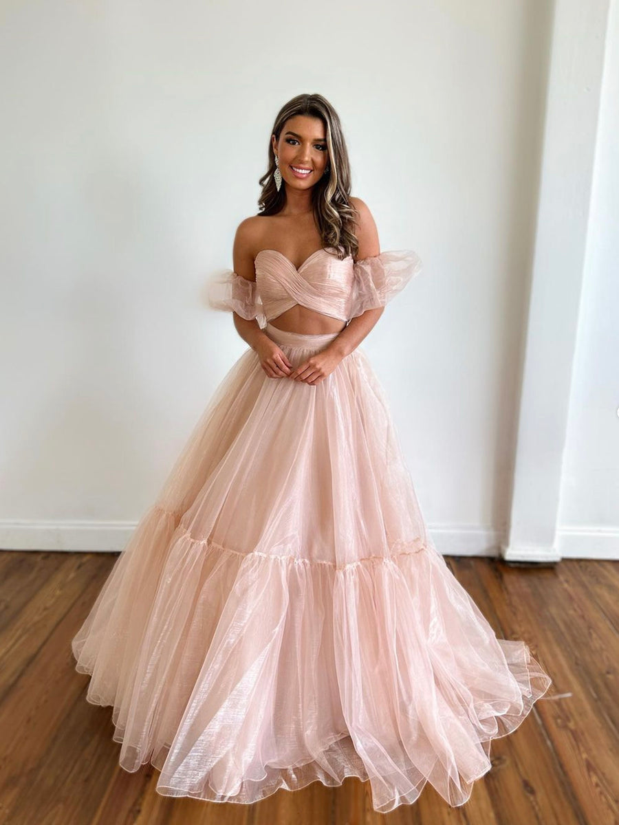 Luolandi Pink Tulle Long Formal Dress Two Pieces Evening Dress Party Dress Off Shoulder