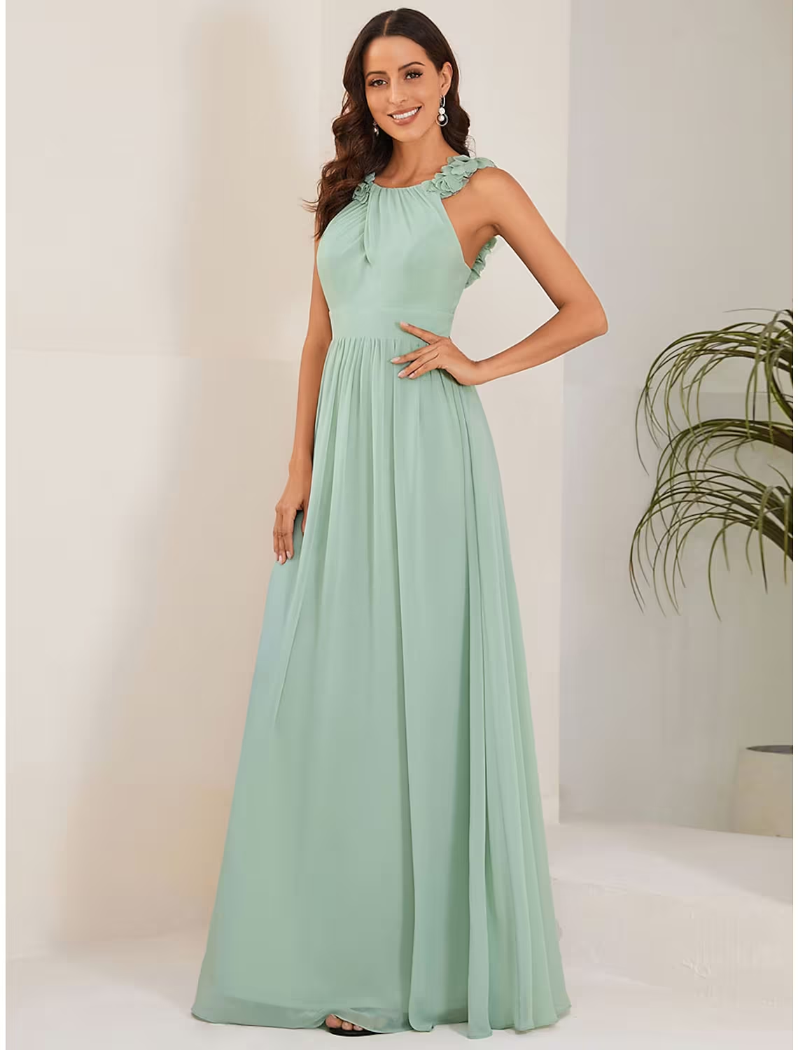 Luolandi A-Line Wedding Guest Dresses Elegant Dress Formal Floor Length Sleeveless Jewel Neck Chiffon with Pleats Flower