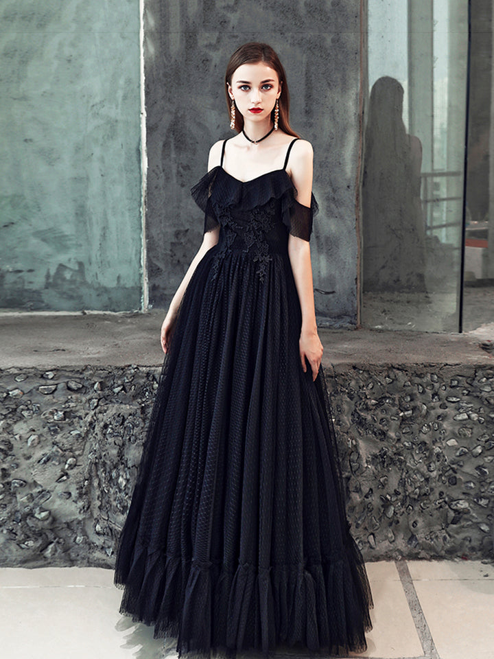 Luolandi Black Spaghetti Strap Tulle Floor Length Formal Dress A-Line Black Party Dress with Lace Sexy