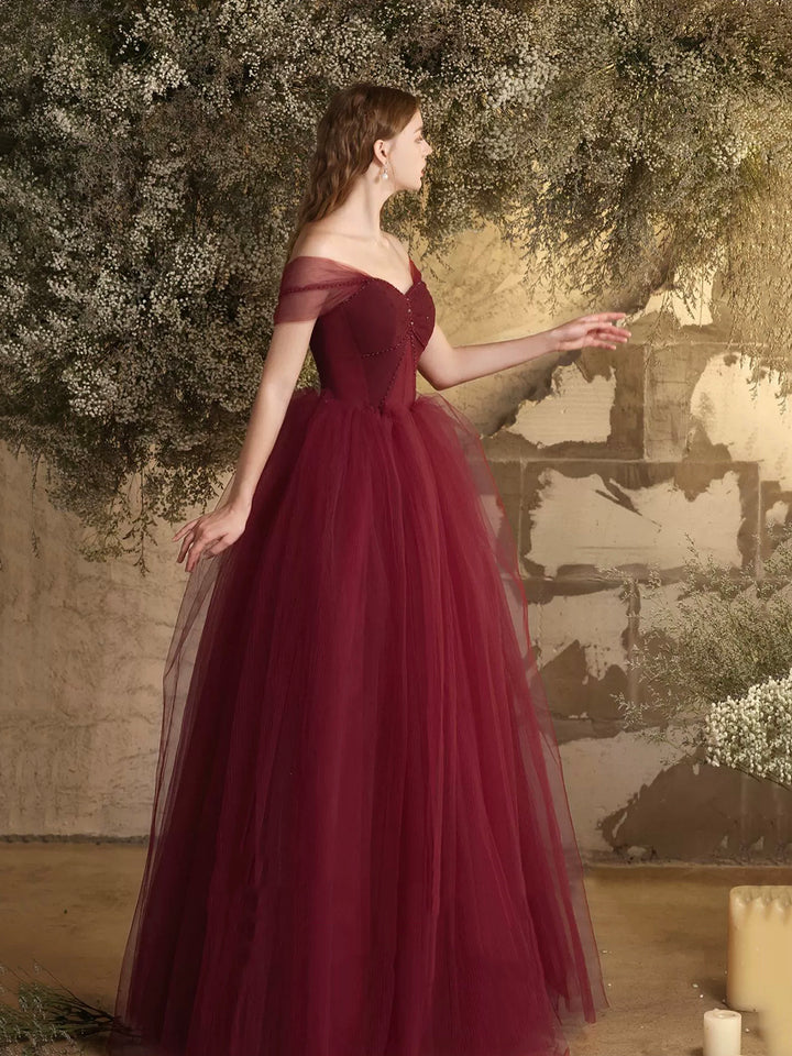 Luolandi Burgundy Tulle Long A-Line Prom Dress Off the Shoulder Evening Party Dress Sexy