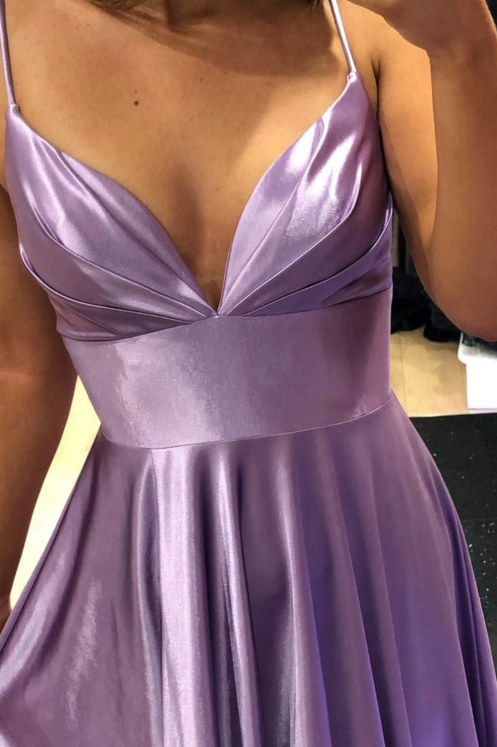 Luolandi Purple V-Neck Satin Long Prom Dress Simple A-Line Evening Dress Sexy