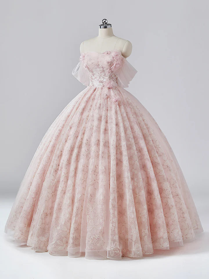 Luolandi Light Pink Tulle Flower Floor Length Prom Dress Beautiful Off the Shoulder Backless Formal Dress Sweet 16 Dress With Flowers