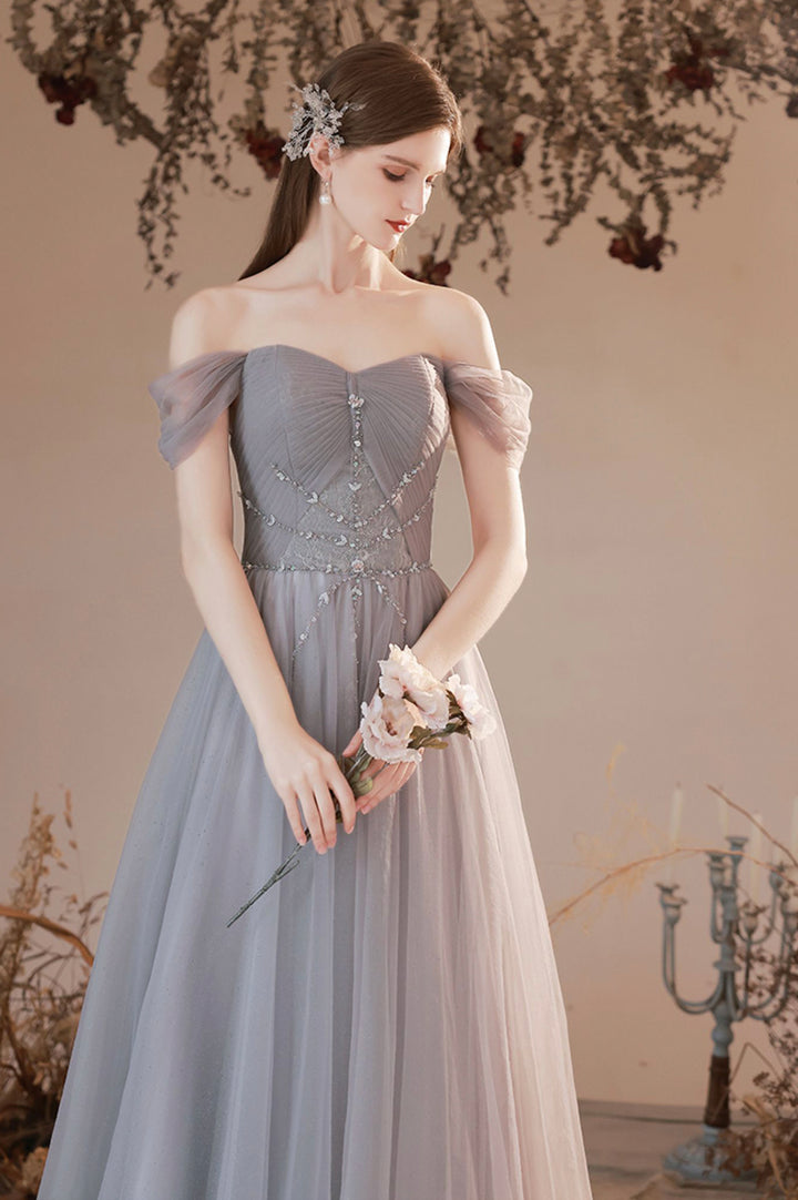 Luolandi Gray Tulle Off the Shoulder Formal Dress A-Line Evening Party Dress Sexy
