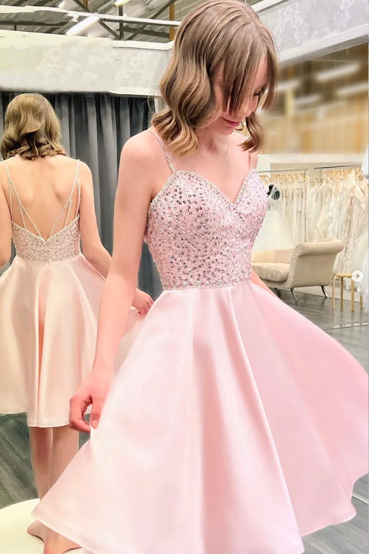 Luolandi Cute A-Line Satin Beaded Short Prom Dress Backless Party Dress Sweet Homecoming Dress