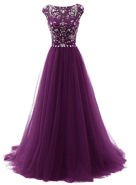 Luolandi Beautiful Beaded Tulle Long Party Gown Tulle Cap Sleeves Formal Dress Prom Dress Elegant