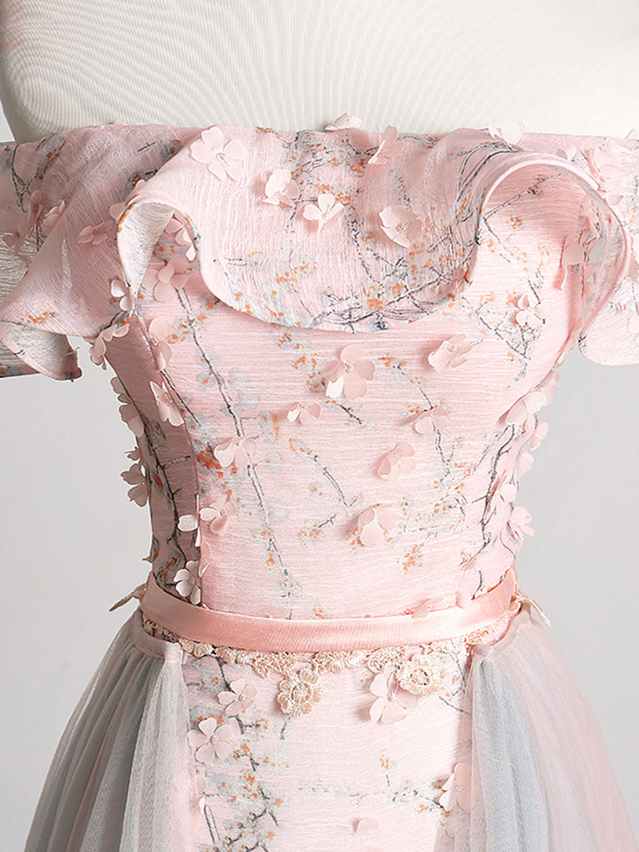 Luolandi Lovely Tulle Applique Long Prom Dress A-Line Evening Dress with Detachable Skirt With Flowers