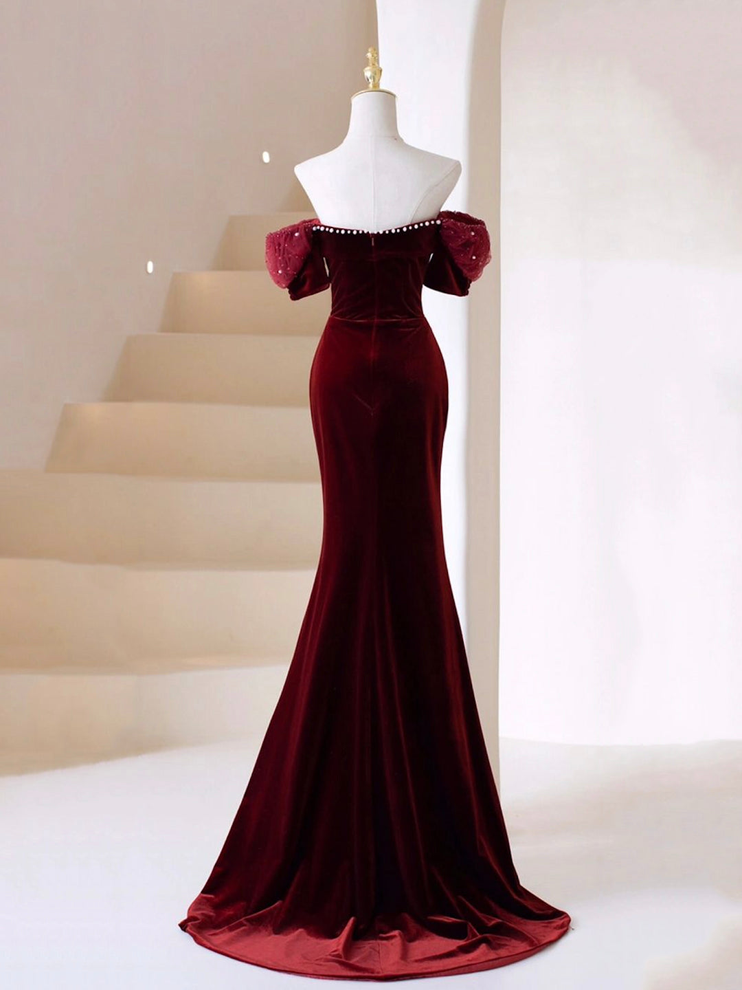 Luolandi Burgundy Velvet Long Prom Dress Mermaid Off Shoulder Evening Party Dress Sexy