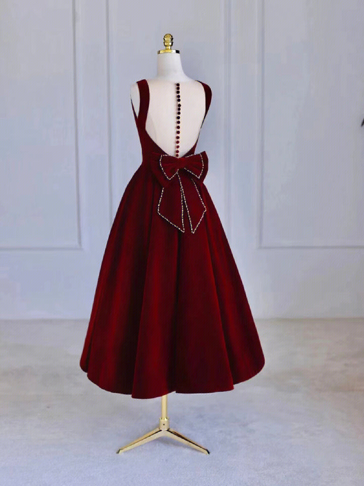 Luolandi Burgundy Tea Length Velvet Prom Dress with Bowknot Burgundy Evening Party Dress Beautiful
