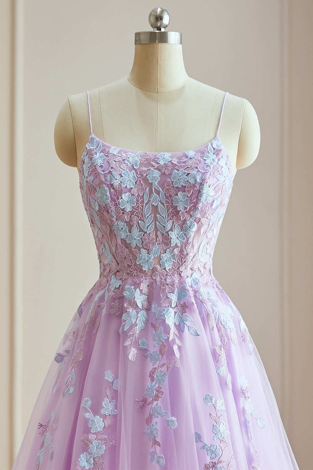 Luolandi Simple A Line Spaghetti Straps Tulle Long Prom Dresses With Applique Beautiful