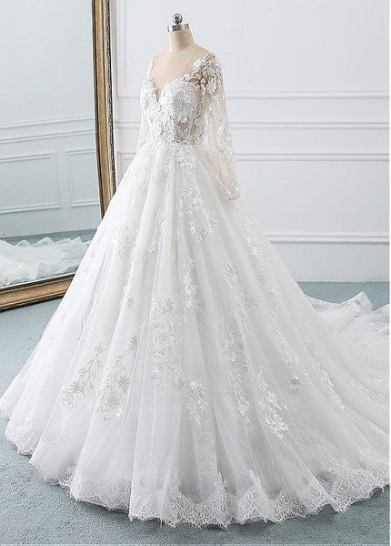Luolandi A Line Wedding Dresses Long Sleeves With Applique Tulle Covered Button Sweep Train Beautiful