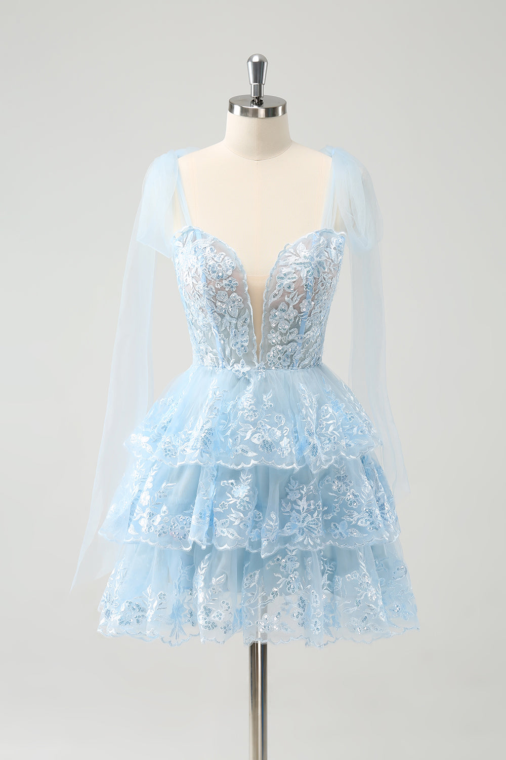Luolandi Cute Light Blue A Line V Neck Tiered Short Homecoming Dress Beautiful Prom Dress