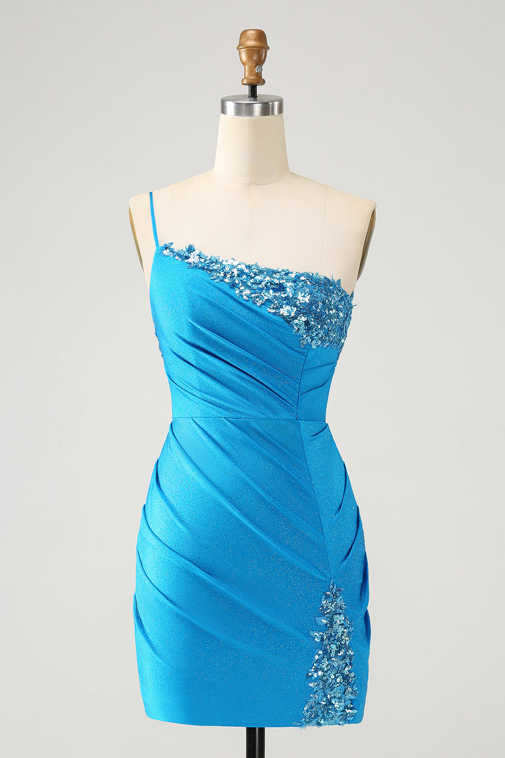 Luolandi Sparkly Blue Bodycon One Shoulder Pleated Short Homecoming Dress with Sequins Sexy