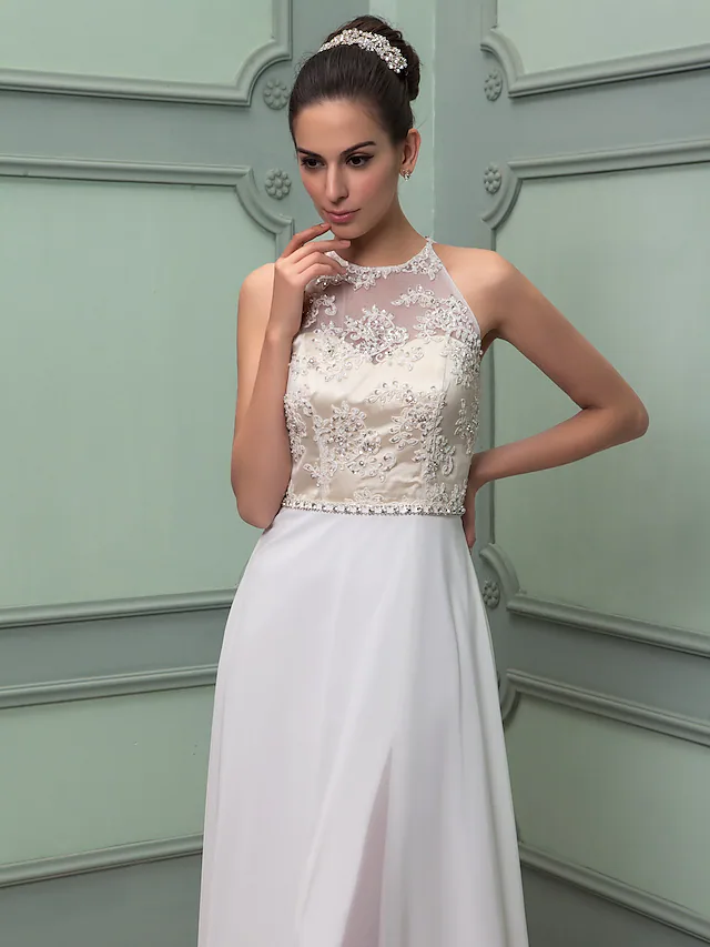 Luolandi Wedding Dresses Jewel Neck Floor Length Chiffon Lace Regular Straps See-Through with Sash Ribbon