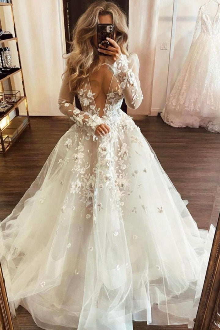 Luolandi Lace V-Neck Long Prom Dresses Long Sleeve Evening Dresses Wedding Dress