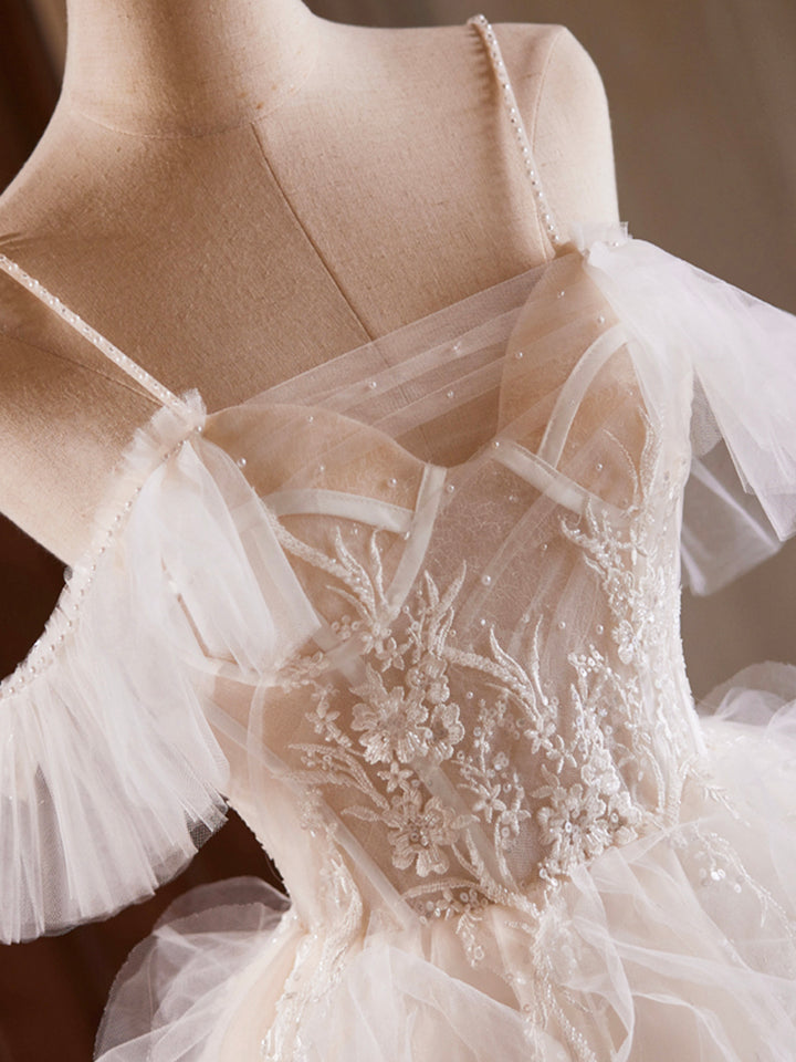 Luolandi A-Line Tulle Layers Short Prom Dress Light Champagne Spaghetti Strap Party Dress Homecoming Dress