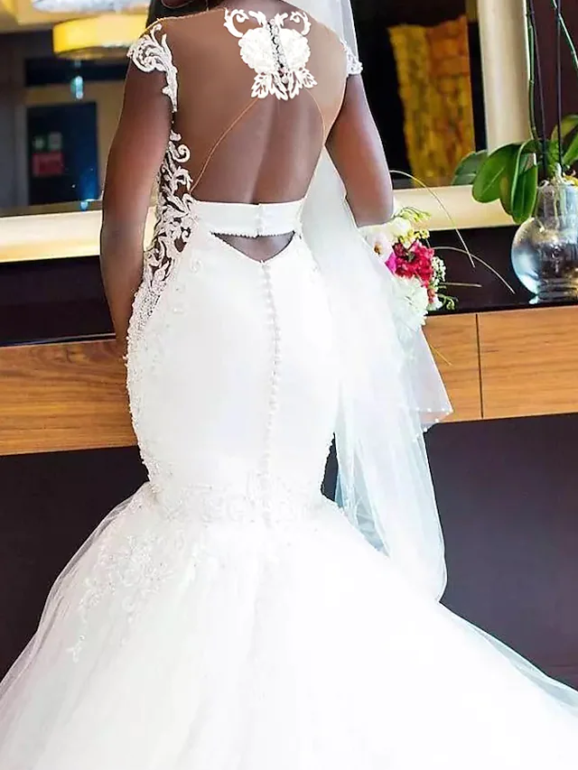 Luolandi Wedding Dresses V Neck Chapel Train Lace Tulle Lace Over Satin Regular Straps Sexy Backless