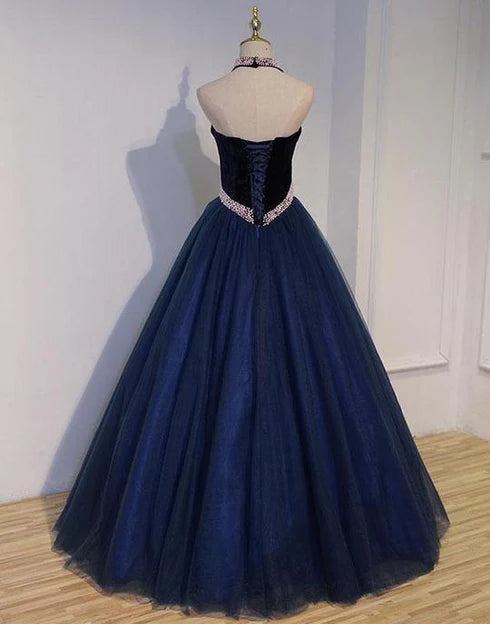Luolandi Gorgeous Navy Blue Tulle and Velvet with Light Pink Pearls Prom Gown Party Dresses Elegant Evening Dress