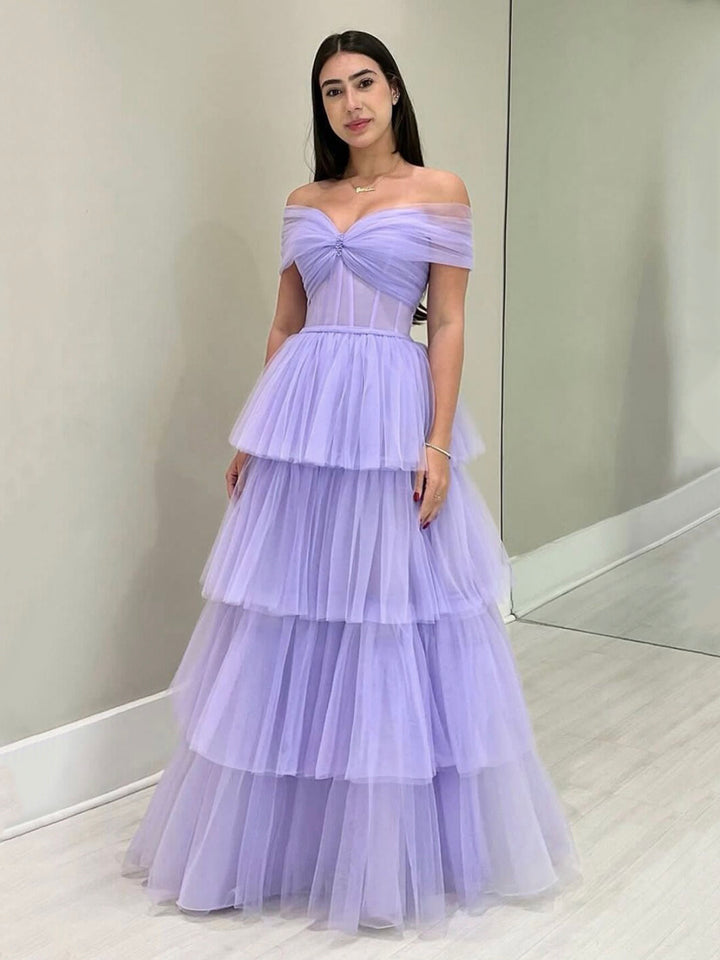 Luolandi Purple Tulle Floor Length A-Line Prom Dress Off the Shoulder Evening Party Dress Beautiful