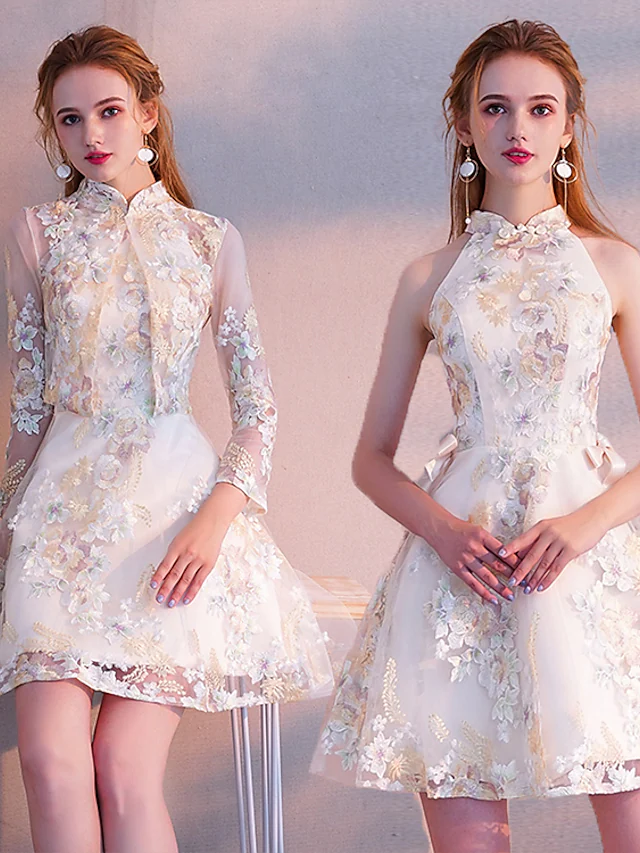 Luolandi Two Piece A-Line Vintage Floral Party Wear Cocktail Party Dress High Neck Long Sleeve Short Mini Tulle with Sash Ribbon