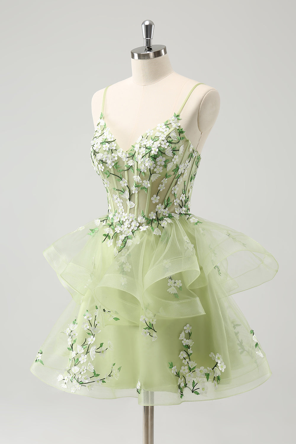 Luolandi Floral Light Green A Line Spaghetti Straps Corset Short Homecoming Dress with Appliqued Flowers