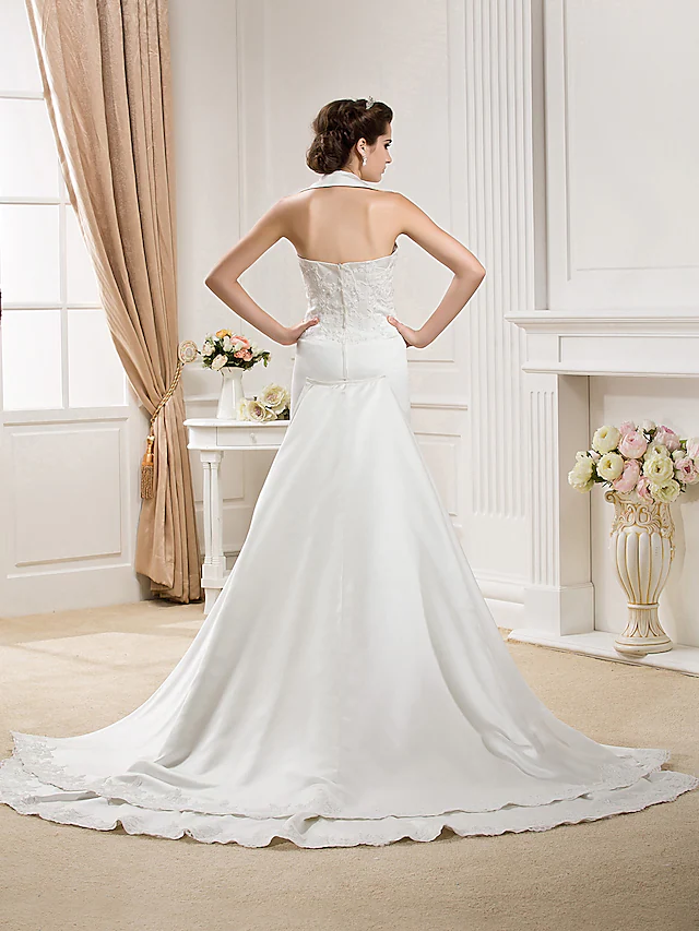 Luolandi Long Wedding Dresses Halter Neck Court Train Satin Sleeveless