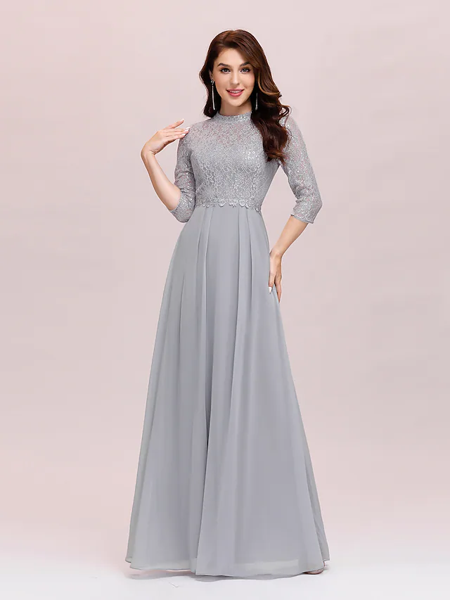 Luolandi A-Line Mother of the Bride Dress Plus Size Elegant Jewel Neck Floor Length Chiffon Lace Length Sleeve