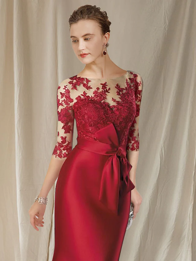 Luolandi Mother of the Bride Dress Elegant Jewel Neck Floor Length Lace Satin Half Sleeve