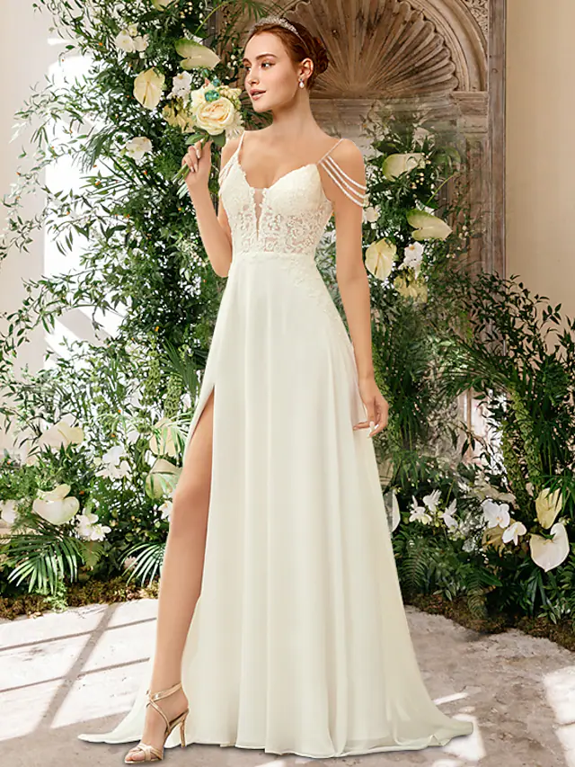 Luolandi A-Line Wedding Dresses Sweetheart Neckline Spaghetti Strap Chiffon Lace Sleeveless Simple Sexy with Beading Appliques