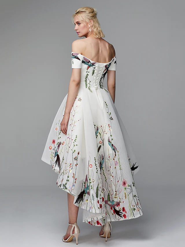 Luolandi Ball Gown Elegant Floral High Low Cocktail Party Prom Valentine's Day Dress Off Shoulder Short Sleeve Asymmetrical Polyester