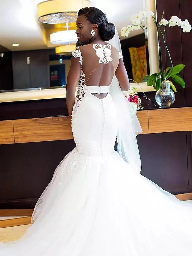 Luolandi Wedding Dresses V Neck Chapel Train Lace Tulle Lace Over Satin Regular Straps Sexy Backless