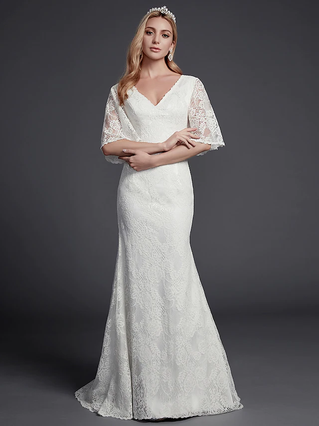 Luolandi Long Wedding Dresses V Neck Lace Half Sleeve Beautiful Back with Lace