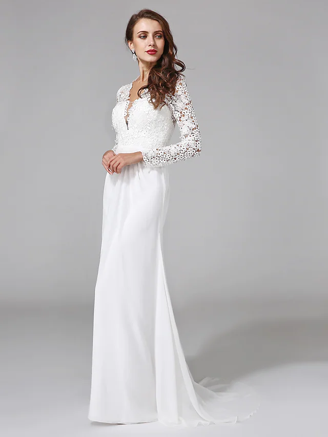 Luolandi Wedding Dresses V NeckChiffon Floral Lace Long Sleeve Romantic Boho Illusion Sleeve with Lace