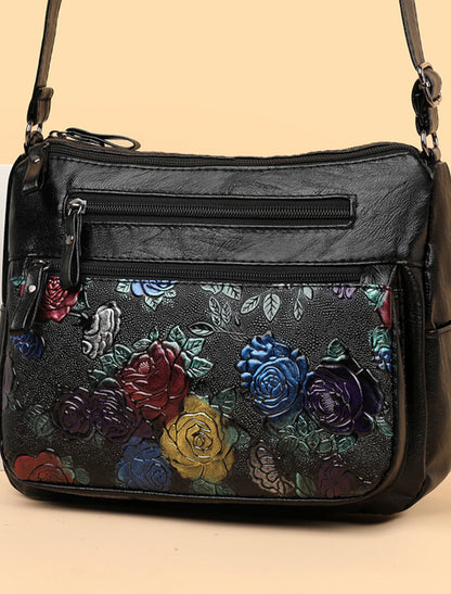 Women's Crossbody Bag Shoulder Bag PU Leather Outdoor Office Zipper Adjustable Large Capacity Lightweight Flower Black