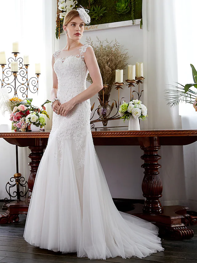 Luolandi Wedding Dresses Illusion Neck Court Train Tulle Sleeveless Sparkle & Shine with Beading