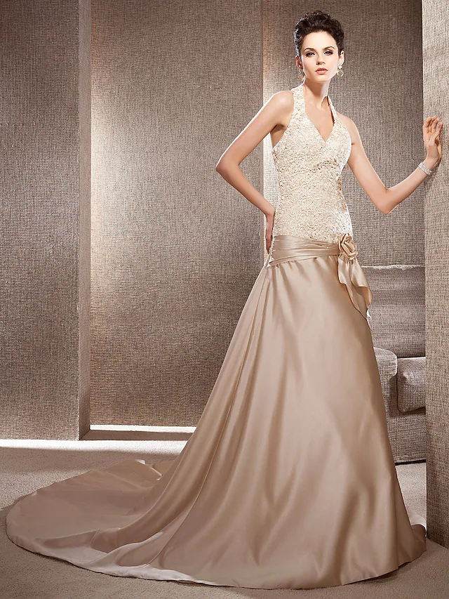 Luolandi Princess A-Line Wedding Dresses V Neck Chapel Train Lace Satin Sleeveless Wedding Dress in Color with Lace Flower