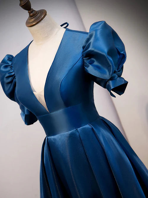 Luolandi Blue Satin Long Prom Dress with Short Sleeves Evening Formal Dress Elegant Evening Dress