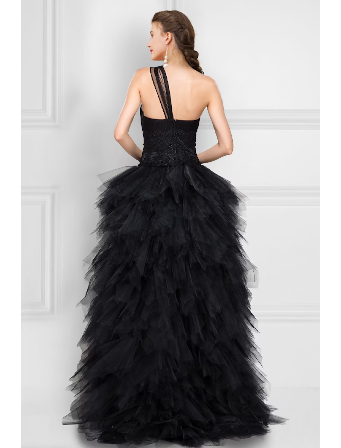 Luolandi Ball Gown Prom Dresses Black Dress Masquerade Asymmetrical Sleeveless One Shoulder Tulle Ladder Back with
