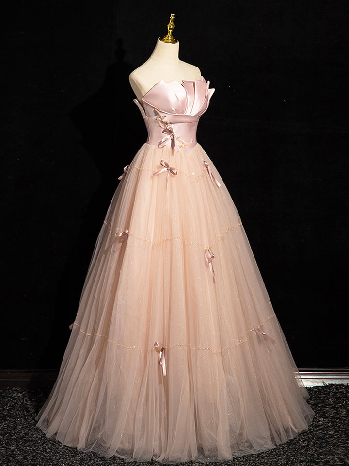 Luolandi Pink Strapless Satin Tulle Long Prom Dress with Bow Beautiful A-Line Formal Party Dress Off Shoulder