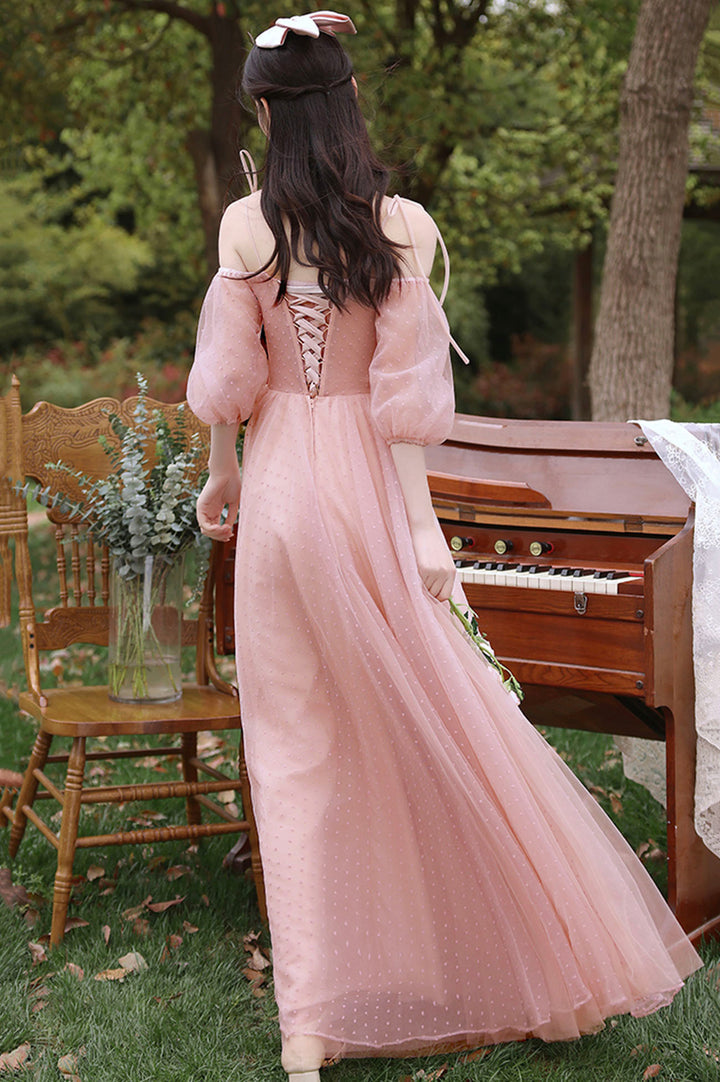 Luolandi Pink Tulle Long Prom Dresses A-Line Tulle Party Dresses With Butterfly Bridesmaid Dresses