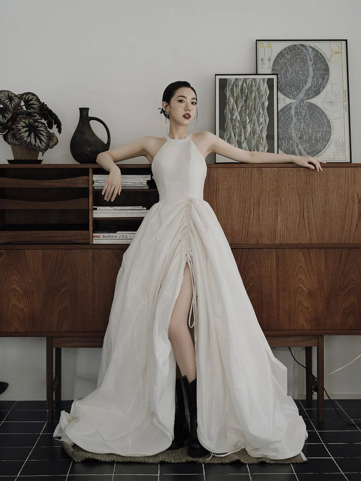 Luolandi Elegant Halter Satin Long Prom Dress A-Line Satin Evening Party Dress Sexy