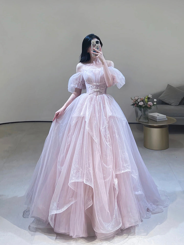 Luolandi Pink Tulle Off Shoulder Long Formal Dress Beautiful A-Line Pink Prom Dress Floor Length
