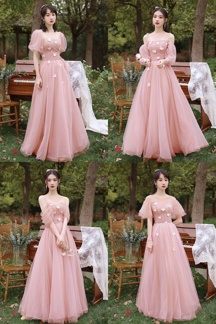 Luolandi Pink Tulle Long Prom Dresses A-Line Tulle Party Dresses With Butterfly Bridesmaid Dresses