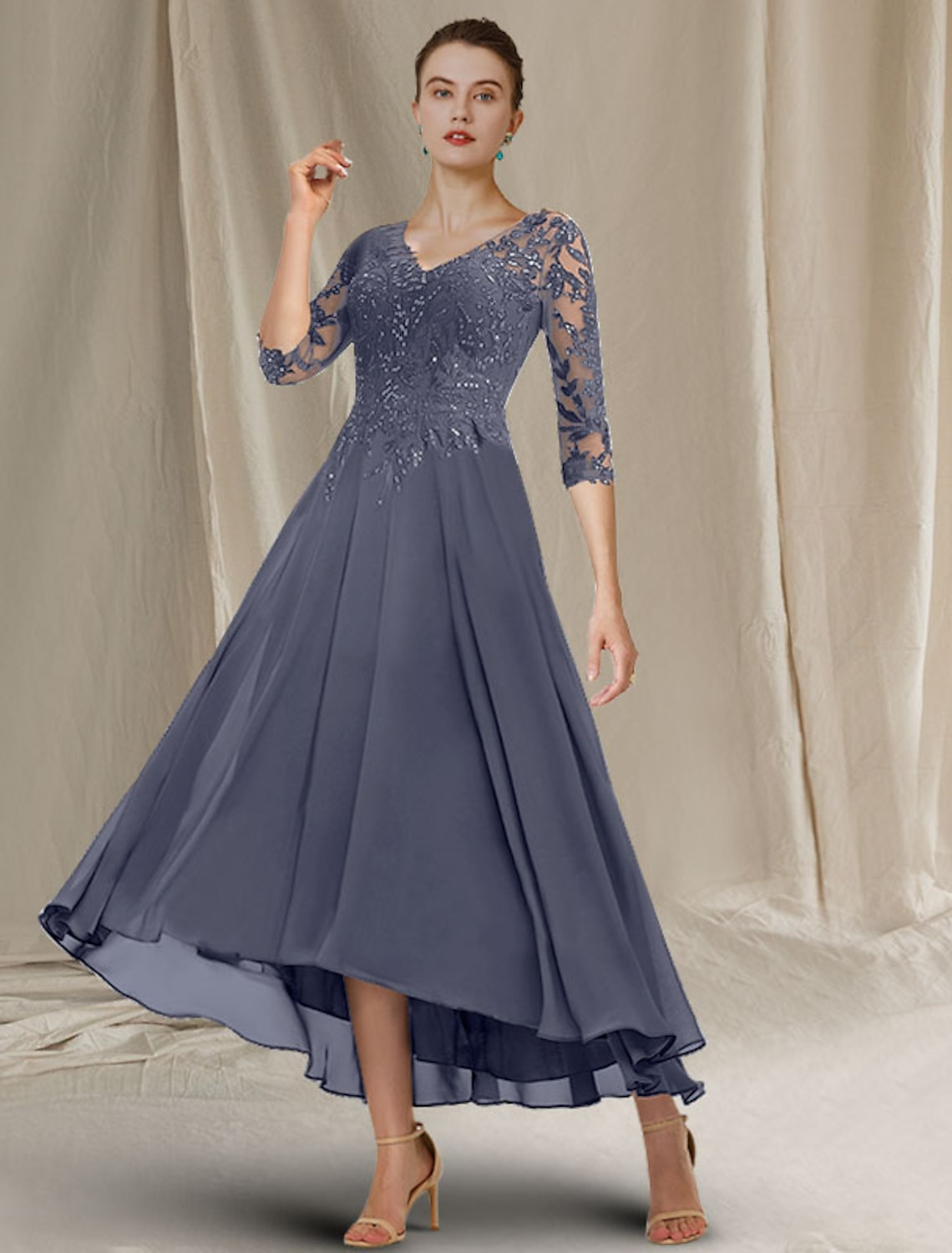 Luolandi A-Line Mother of the Bride Dress Elegant Sparkle & Shine High Low V Neck Asymmetrical Tea Length Chiffon Lace Half Sleeve with Sequin Ruffles